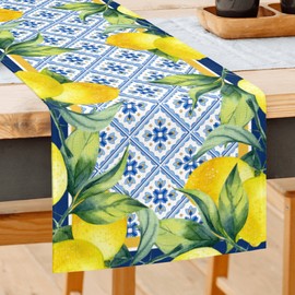 FJPT Lemon Table Runner Spring Summer Decorations Lemon Cyan Blue Table Runner 13x72 Inch Seasonal Italian Kitchen Decor for Indoor Outdoor Dinner Party Patio Decor, Housewarming Gifts