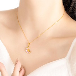 S925 Sterling Silver Gold-Plated Moon & Rose Necklace for Women – Adjustable Purple Enamel Celestial Jewellery Gift for Her, Everyday Elegance