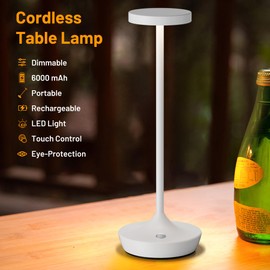 YHT Cordless Table Lamp Rechargeable,6000mAh Battery Operated LED Desk Lamp,Portable Outdoor Waterproof 3-Color Touch Dimmable Table Lights for Dining/Patio/Restaurant/Home (White 2P)