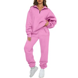 AUTOMET Women's Sweatsuits 2 Piece Outfits Long Sleeve Half Zip Pullover and Baggy Sweatpants with Pockets Pink M