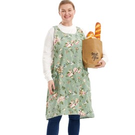 APRONNER Big Plus Size Aprons for Women with Pockets Cotton Linen Baking Kitchen Cooking Rose Flowers