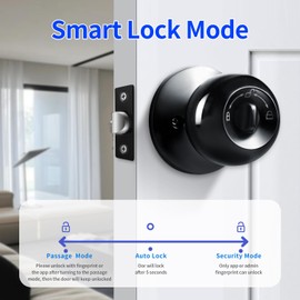 SISAV Smart Fingerprint Door Lock with App Control & Key, Double-Tap Auto-Lock, Biometric Door Knob for Bedroom, Apartment, Office, Hotel, Garage - Black