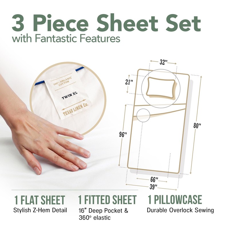 TEXAS LINEN CO. 100% Organic Cotton Percale Sheets - Twin