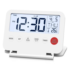 AMIR Travel Alarm Clock, Portable Digital Alarm Clock, Compact Calendar Timer with Snooze, 12/24H Display, Battery-Powered LCD Clock for Travel, Home, and Office Use