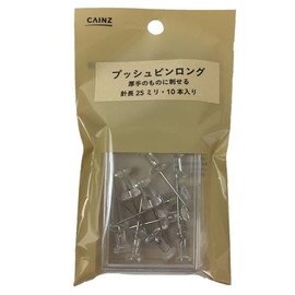 Cainz Push Pin, Long Needle Length 1.0 inches (25 mm), Pack of 10, Clear, Thumbtacks, Long Legs, Inconspicuous, Stab on Thick Objects, Steel, Simple, Office