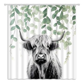 JEJOMEAG Funny Highland Cow Shower Curtain Sage Green Leaves Watercolor Plant Cute Grey Animal Western Country Fabric Bathroom Curtain with Hooks, 70Wx70H