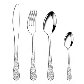 SoKalChw 4 Pieces Floral Flatware Set, For Personal and Family Use Food-Grade Vintage Stainless Steel Knife, Fork and Spoon Silverware