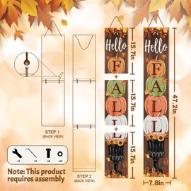 Fall Porch Sign, Hello Pumkpkin Sign for Front Porch, 3 Pumpkins Wooden Sign Yard, Vertical Wood Sign Standing for Patio Front Door Porch, Autumn Home Party Entryway Yard Wall Decor Indoor Outdoor, 47x8 inch