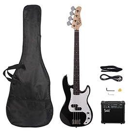 GLARRY Full Size Electric Bass Guitar Beginner Kit 4 String with AMP, Cable, Strap, Bag and Accessories (Black)