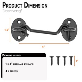 Dreamxiang 4" Privacy Eye Hook Door Latch for Screen Door, Window, Cabinet Barn Door, Fence Gate & More - Durable Hook and Eye Latch for 90° Right Angles to 180° Planes Black (1-Pack)