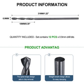 METALLIXITY Drill Bit (0.9mm) 12Pcs, 4241 High-Speed Steel Straight Shank Nitriding Black 118° for Wood Plastic Iron Copper Aluminum Low Soft Metal