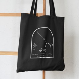 Aries Star Sign Black Tote Bag - Birth Month March April Zodiac Mars Courageous Confident Constellations Fashion Carrier Shopper Shopping Gifts Presents (Black)