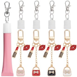 FREEBLOSS 4Pcs Keychain Cap for Lip Balm Lip Gloss Holder Keychains Lipgloss Holder with Colorful Charms Bulk Cute Keychains for Women Handbag Earphone Case Decoration(Lip&Bag)