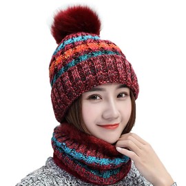 2-Pieces Winter Beanie Hat Scarf Set Warm Fuzzy Knit Hat For Women - Color: Wine