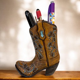 Top Brass Cowboy Boot Pen / Pencil Holder – 4.75” Western Resin Boot with Embossed Turquoise & Studded Detailing – Desk Organizer, Small Vase, or Rustic Home Decor Accent