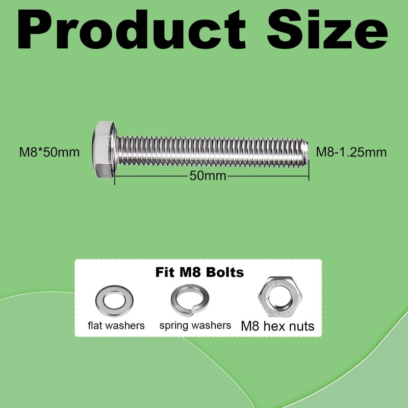 M8x50mm Hex Bolt with Hexagon Nut, Flat Washers, Spring Washers