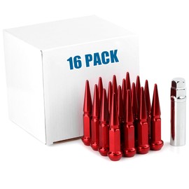 JiiinMiiin M10x1.25 Long Steel Spike Lug Nuts, Thread Pitch 10x1.25, Set of 16 ATV Wheel Nuts with A Socket. [Red]