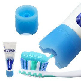 Self-Standing SqueezMe by Chrome Cherry, Self-Closing and Free-Standing Silicone Caps, Mess-Free Toothpaste Dispenser Squeezer Lids for Kids, Adults, Bathroom Accessories (Blue Self-Standing 1-Pack)