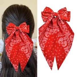 Ribbon Hair Clip Red Bandana Hair Bows for Girls Paisley Hair Bow Long Ribbon Bow Hair Clips Large Bow Silky Satin Hair French Barrette Clip for Women Hair Bows Clips Aesthetic Hair Accessories