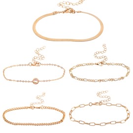 Mikovivi 5pcs Gold Ankle Bracelets, Waterproof Stackable Anklets for Women Adjustable Ankle Chain Link Trendy Sparkly Foot Jewelry for Women Beach Vacation (5 Styles)