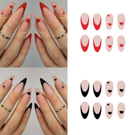 2 Packs 48Pcs Valentine's Day Press on Nails Medium Almond Fake Nails Red Black French Tip Nails Press on Heart Love False Nails Reusable Artificial Acrylic Nail for Women Girls Manicure