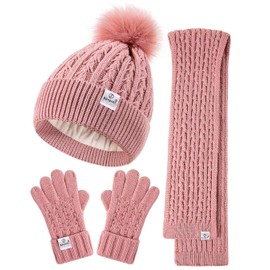 Kids Winter Hat Gloves Scarf Set,Girls Toddler Winter Hat Beanies with Pom Neck Warmer Gaiter Mittens Fleece Lined Set Christmas Gift for Kids（Pink）