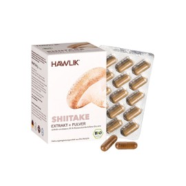 HAWLIK Vitalpilze Bio Shiitake Extrakt + Pulver Kapseln - 120 Kapseln im Blister - Mit Vitamin C - Extrakt & Pulver - Natürlicher Anbau - Vegan