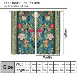 Bohemian Floral Green Blackout Curtain, Vintage Fresh Butterfly Flowers Illustrated Art Home Decor William Morris Style Theme Living Room Blackout Curtain 42" W X 45" L