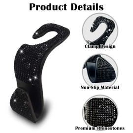 OSIFIT 2PCS Car Seat Hooks - Bling Rhinestone Headrest Hooks with Universal Design - Perfect for Holding Handbags, Clothes, Purses, and Water Bottles - Black