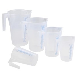 RealPlus Plastic Graduated Measuring and Mixing Pitchers (5 Piece Set) 3000, 2000, 1000, 500 ml Pouring Cups Suitable for Paint, Resin, Epoxy, Kitchen Cooking Baking