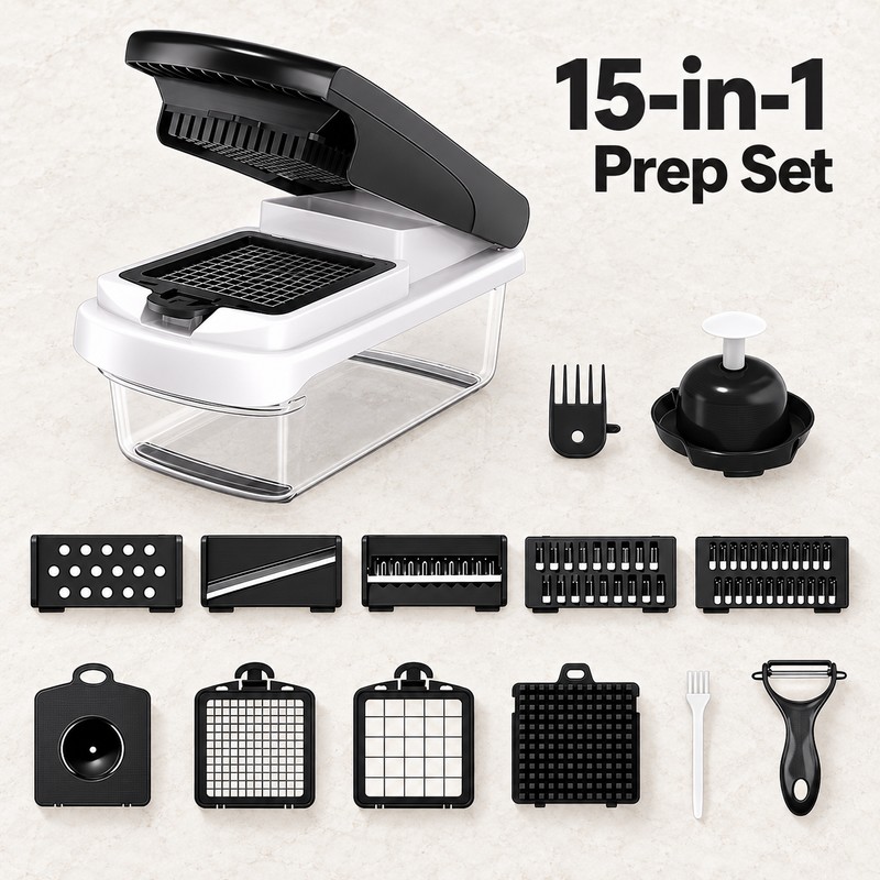 14/15-in-1 Multifunctional Vegetable Chopper with Container and Stainless Steel Blades