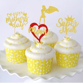 Keaziu Paquete de 24 decoraciones para cupcakes con texto en inglés "Happy Mother's Day", "Love You Mom", "Super Man", decoración de tartas, suministros de fiesta para el día de la madre, decoración de cupcakes, color dorado