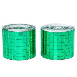 Green Self-Adhesive Glass Mirror Mosaic Tiles, 5 x 5 mm Square Mirror Tiles, 3200 Pieces Disco Ball Tiles for DIY Craft, 2 Rolls Disco Mirror Tiles for Interior, Art Collage, Card Making, Cups