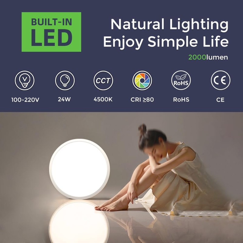 24W LED Flush Mount Ceiling Light Fixture, 6500K Daylight White,