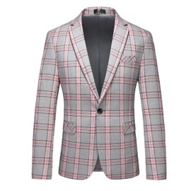 UNINUKOO Men's Blazer Plaid Sport Coat Casual Lightweight Checkered Suit Jacket Summer Jacket Men US Size 30 Grey Pink
