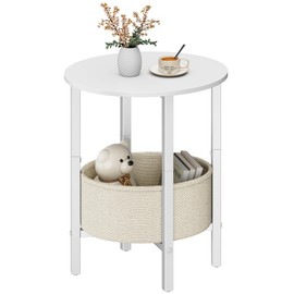 Vagusicc Round Side Table End Table with Storage Basket, Small Side Table Round Nightstand for Small Spaces, Tall Oval End Table with Steel Frame, Coffee Bedside Table for Living Room Bedroom, White