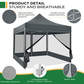 TOOLUCK 10x10 Heavy Duty Pop Up Canopy Tent with 4 Sidewalls, Commercial Gazebo Party Tent with Mosquito Netting Wall Easy Set Up Outdoor Instant Screen Tent for Backyard, Patio, Garden, Gray