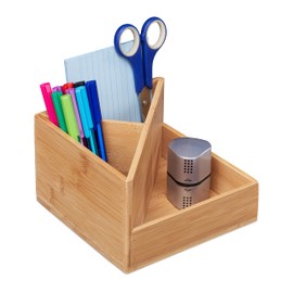 Relaxdays Bamboo Pen Holder, Desk Organiser, Office, 3 Compartments, H x W x D: 10.5 x 16.5 x 16.5 cm, Pen Box, Natural
