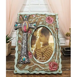 Ebros Gift Rustic Western Catholic Lady Of Grace Mother Mary Guadalupe Cross With Pink Roses 4X6 Picture Photo Frame Wall Or Desktop Easel Decorative Inspirational Accent