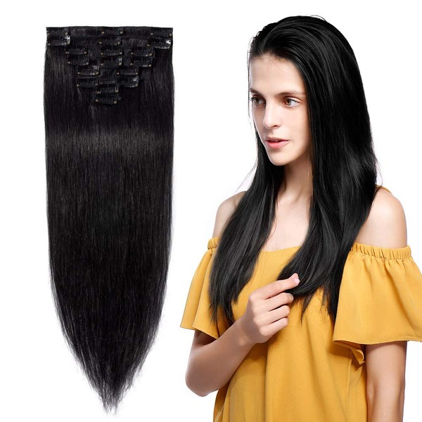Clip in 100% Remy Human Hair Extensions 8''-24'' Full Head 8pcs 18clips Long Soft Silky Straight for Fashion Beauty #1 Jet Black 20" / 20 inch 100g