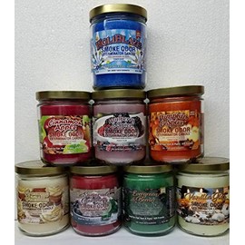 Smoke Odor Christmas Variety Pack Set of Eight Candles Includes HoliBlaze Evergreen & Berries, Cinnamon Apple, Vanilla Glitz, Mulberry Spice, Creamy Vanilla, Sugared Cranberry &. Pumpkin Spice.