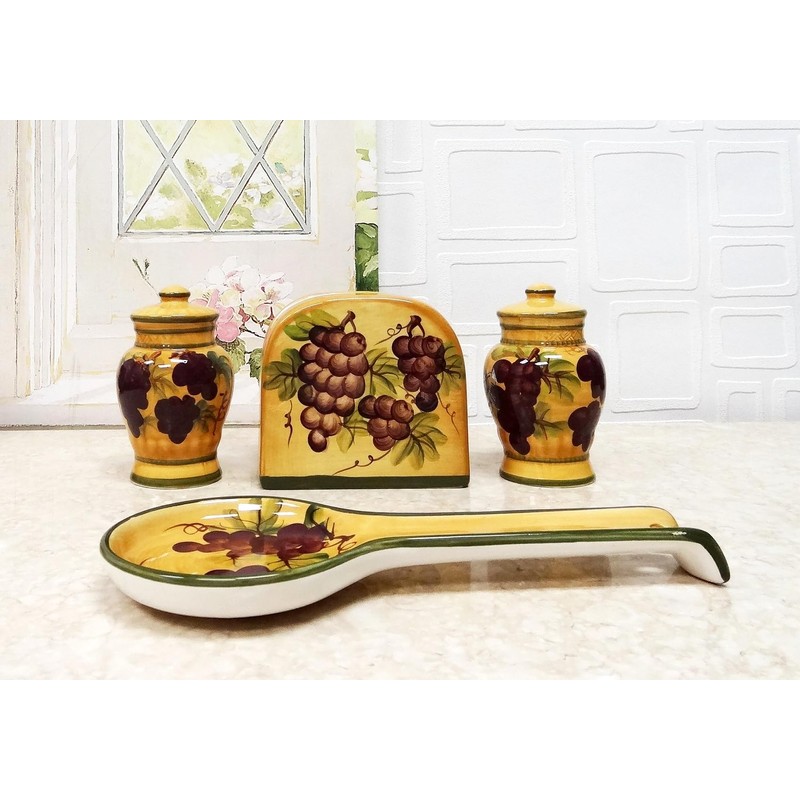 ACK Ceramic Spoon Rest (Grape Wine Décor), Cooking Spoon Holder