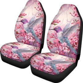 INSTANTARTS Hummingbird Car Seat Covers 2pcs/Set Vehicle Protector Cherry Blossom Front Seats Cover Auto Seat Protector Bucket Seat Cover for Most Cars SUV Sedan
