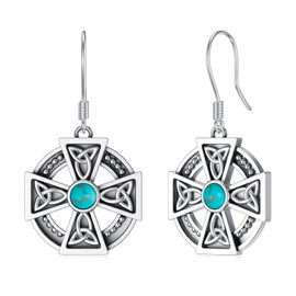 Genuine Turquoise Dangle Cross Earrings for Women 925 Sterling Silver Gemstone Celtic Knot Earrings Western Bohemian Jewelry Gift for Her Wife Mom