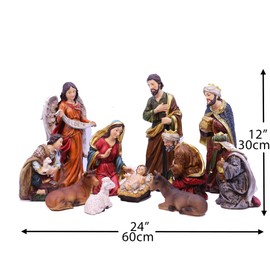 Zayton Nativity Set Christmas Indoor Scene Set 12.5 Inch 11 Pcs Figurines Holy Family Fireplace Statue Jesus Manger Christmas Crib Ornament Church Xmas Gift Home Decoration