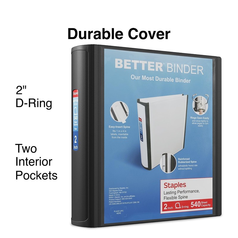 Staples Heavy-Duty 2-Inch D-Ring Binder, Black – Large Capacity 3-Ring