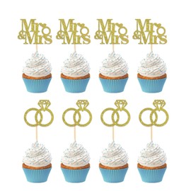 ShuanQ Mr & Mrs Cupcake Topper - Gold Glitter Wedding Cupcake Toppers - Engagement/Bridal Shower/Anniversary Cupcake Picks, 24pcs