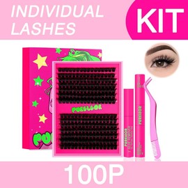 PURELEOR Lash Clusters Kit Fluffy 50D 80D 100D 150D Individual Lashes D Curl Cluster Eyelash Extensions 10-16mm DIY Thick False Eyelashes Kit with Lash Bond and Seal Waterproof, Lash Applicator:_100D-Kit