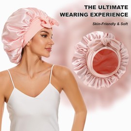 BETUREEIU Large Silk Bonnet, Satin Bonnets for Women, Silky Sleep Cap with Tie Band, Braid Bonnet for Sleeping Curly Hair, Silk Hair Wrap, Reusable Shower Cap, 12.6 Inch (Pink)