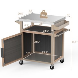 Skyflame Outdoor Grill Cart with Storage on Wheels, Rolling Kitchen Island with Stainless Steel Table Top, Multifunctional BBQ Food Prep Table with Magnetic Single Door for Patio Backyard Garden Deck